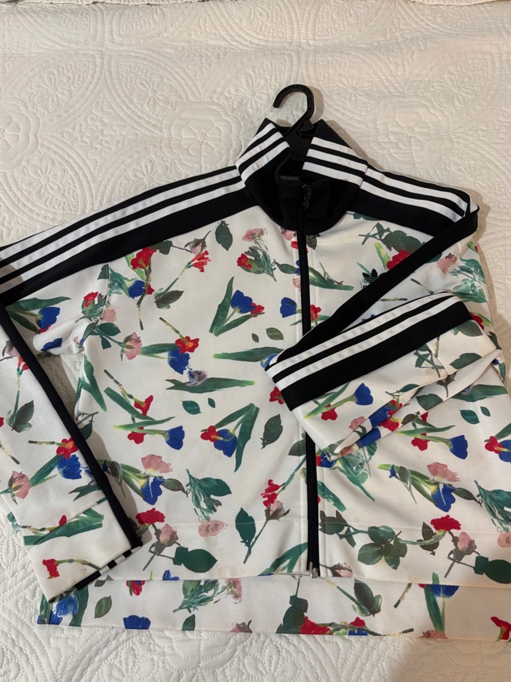 adidas White Floral Track Jacket with Black Stripes